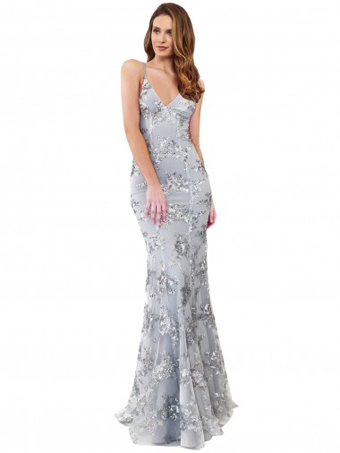 Argent Sirène Col V Crêpe Stretch Paillette Tulle Longue Formelles Robes demoiselle d'honneur / Robes de soirée / Robes de bal à Vendre