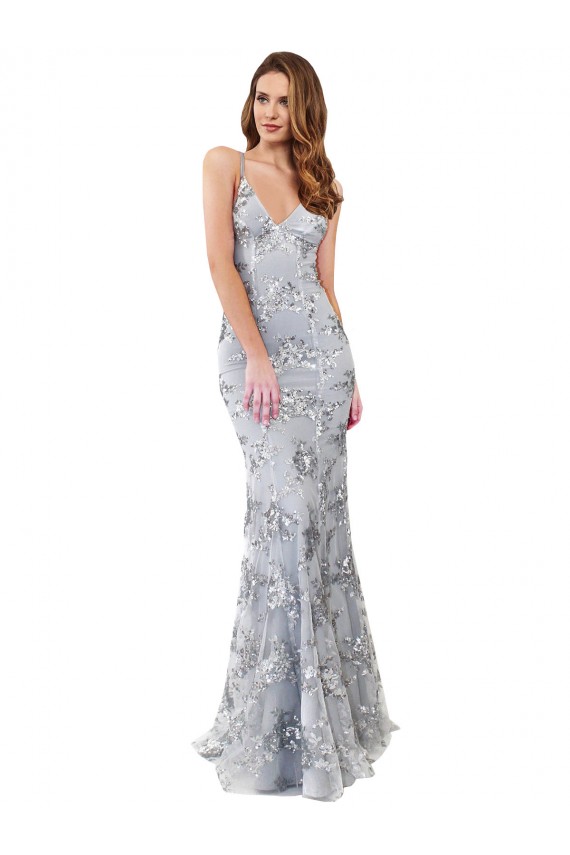 Argent Sirène Col V Crêpe Stretch Paillette Tulle Longue Formelles Robes demoiselle d'honneur / Robes de soirée / Robes de bal à Vendre
