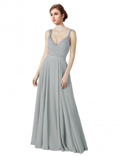 Argent Trapèze Col V Mousseline Longue Robes demoiselle d'honneur à Vendre