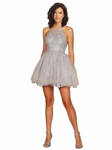 Argent Trapèze Licou Courte Tulle Courte Robes demoiselle d'honneur / Robes de cocktail à Vendre