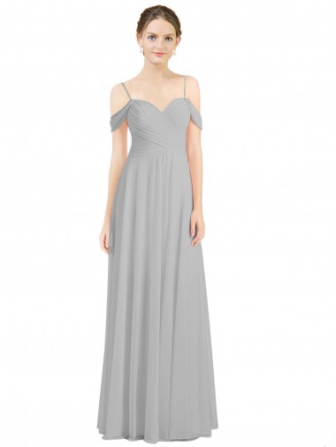 Argent Trapèze Épaule Dénudée Bretelles spaghetti Mousseline Longue Robes demoiselle d'honneur à Vendre