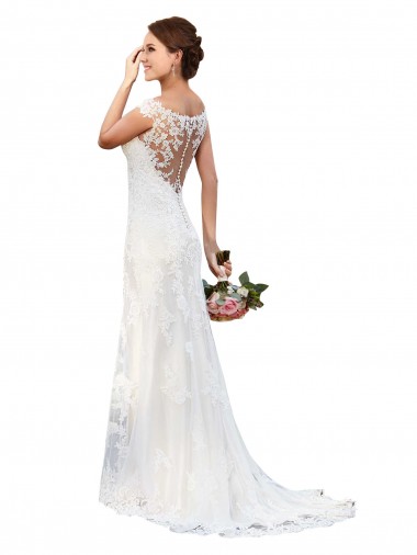 Blanc Fourreau Bateau Illusion Dentelle Robes de mariée à Vendre