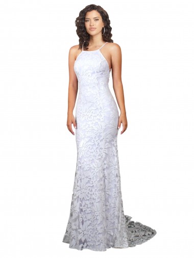 Blanc Fourreau Col Haut Balayage train Dentelle Robes de mariée à Vendre