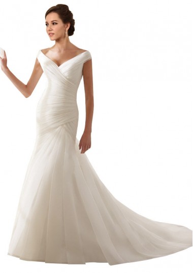 Blanc Fourreau Épaule Dénudée Tulle Robes de mariée à Vendre