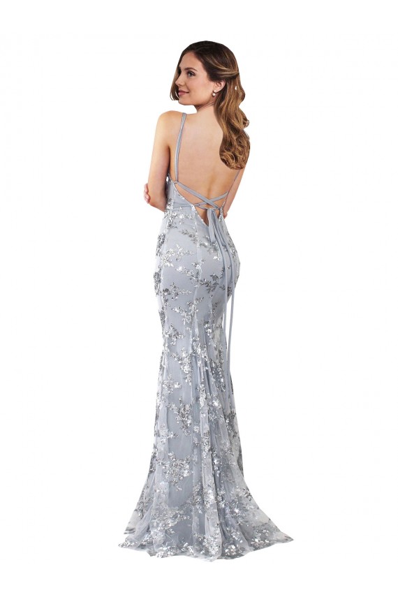 Argent Sirène Col V Crêpe Stretch Paillette Tulle Longue Formelles Robes demoiselle d'honneur / Robes de soirée / Robes de bal à Vendre