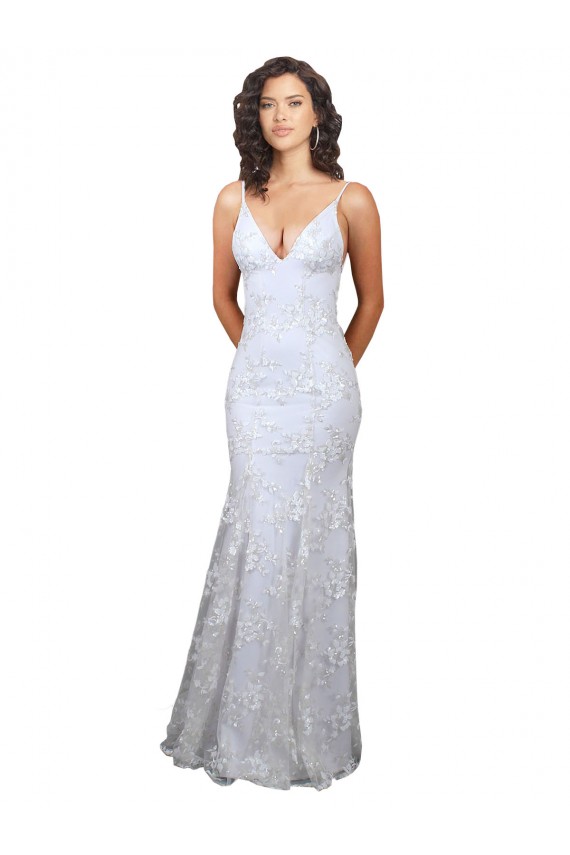 Blanc Sirène Col V Crêpe Stretch Paillette Tulle Longue Formelles Robes demoiselle d'honneur / Robes de soirée / Robes de bal à Vendre