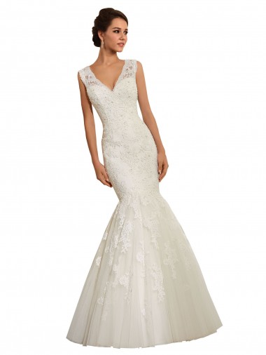 Blanc Sirène Col V Tulle Dentelle Robes de mariée à Vendre