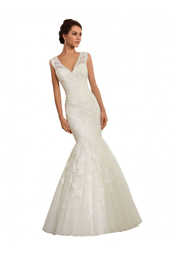 Blanc Sirène Col V Tulle Dentelle Robes de mariée à Vendre
