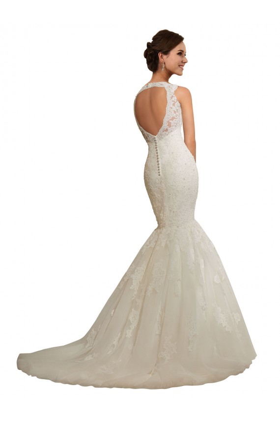 Blanc Sirène Col V Tulle Dentelle Robes de mariée à Vendre