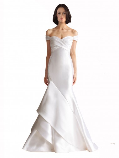 Blanc Sirène Épaule Dénudée Satiné Plage Robes de mariée à Vendre