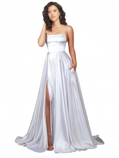 Blanc Trapèze Bretelles spaghetti Satiné Stretch Simple Plage Robes de mariée à Vendre