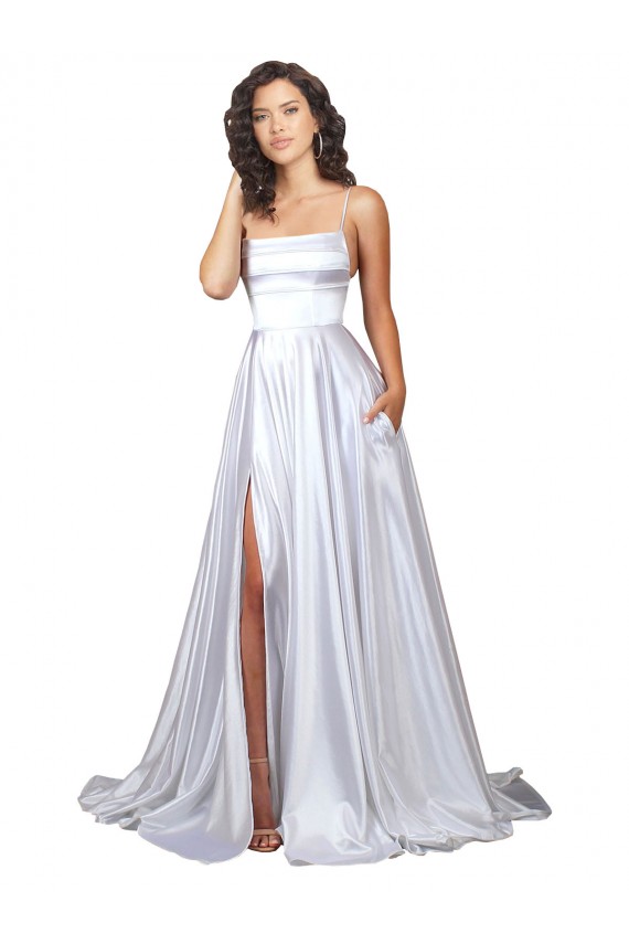 Blanc Trapèze Bretelles spaghetti Satiné Stretch Simple Plage Robes de mariée à Vendre