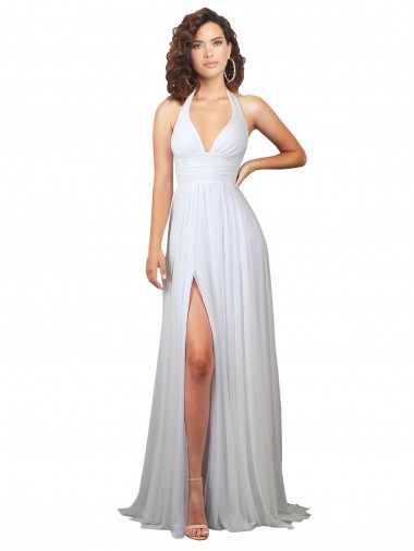 Blanc Trapèze Col V Balayage train Mousseline Longue Robes demoiselle d'honneur à Vendre
