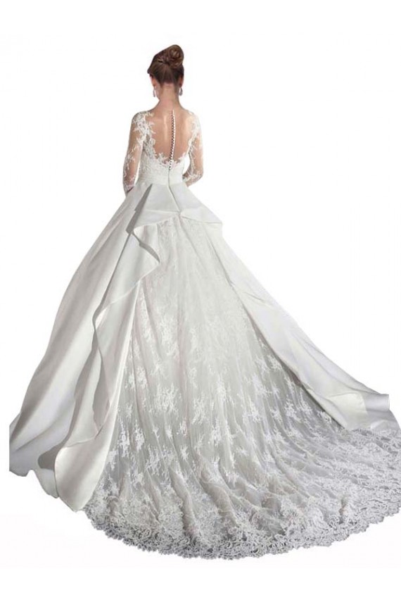 Blanc Trapèze Illusion Traîne cathédrale Satiné Dentelle Robes de mariée à Vendre
