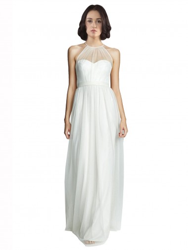 Blanc Trapèze Licou Col Haut Tulle Longue Robes demoiselle d'honneur à Vendre