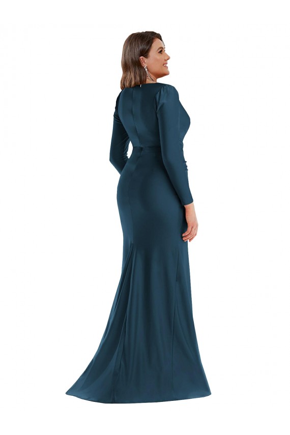 Bleu Atlantic Sirène Col V Satiné Soyeux Longue Formelles Robes demoiselle d'honneur / Robes de soirée / Robes de bal à Vendre