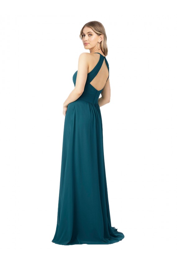 Bleu Windsor Trapèze Col Haut Mousseline Longue Robes demoiselle d'honneur à Vendre