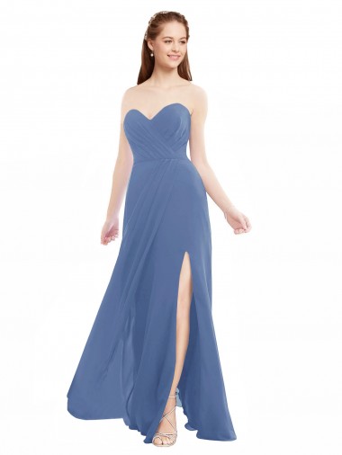 Bleu Windsor Trapèze Sans bretelle Mousseline Longue Robes demoiselle d'honneur à Vendre