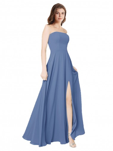 Bleu Windsor Trapèze Sans bretelle Mousseline Longue Robes demoiselle d'honneur à Vendre