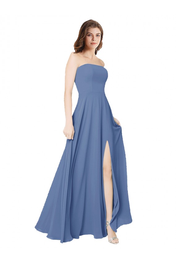 Bleu Windsor Trapèze Sans bretelle Mousseline Longue Robes demoiselle d'honneur à Vendre