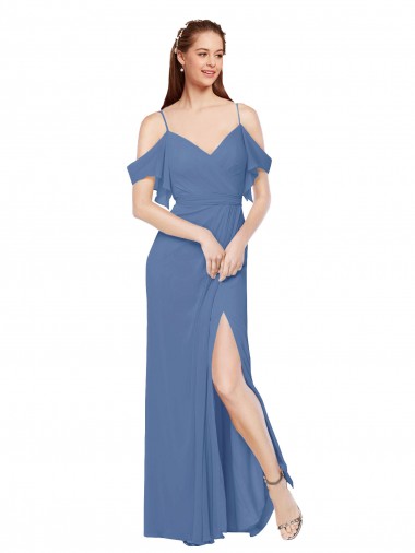 Bleu Windsor Trapèze Épaule Dénudée Mousseline Longue Robes demoiselle d'honneur à Vendre