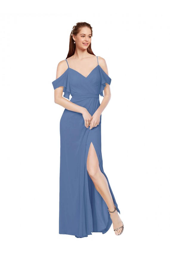 Bleu Windsor Trapèze Épaule Dénudée Mousseline Longue Robes demoiselle d'honneur à Vendre