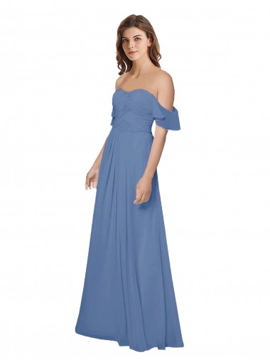 Bleu Windsor Trapèze Épaule Dénudée Sans bretelle Mousseline Longue Robes demoiselle d'honneur à Vendre