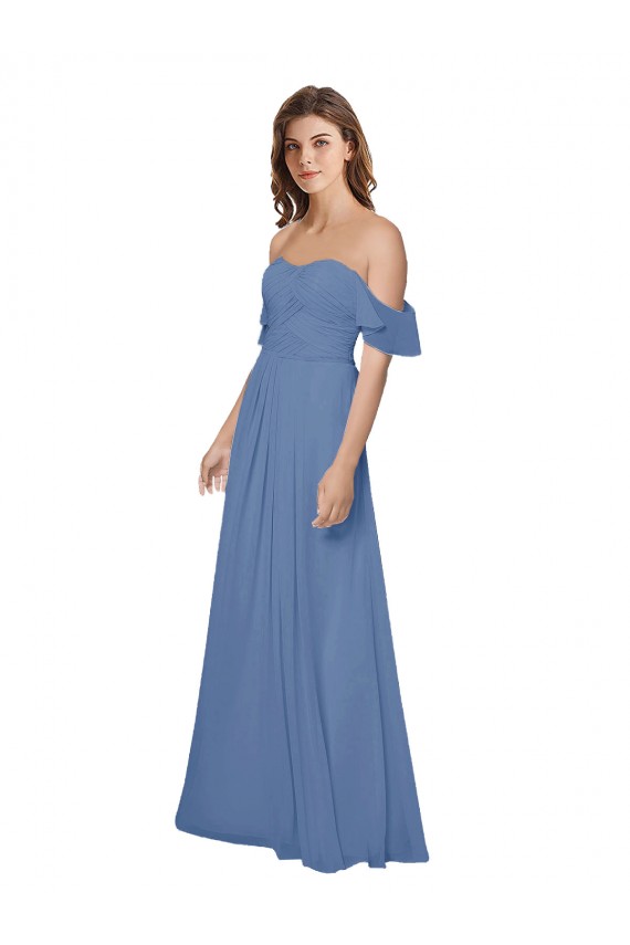 Bleu Windsor Trapèze Épaule Dénudée Sans bretelle Mousseline Longue Robes demoiselle d'honneur à Vendre