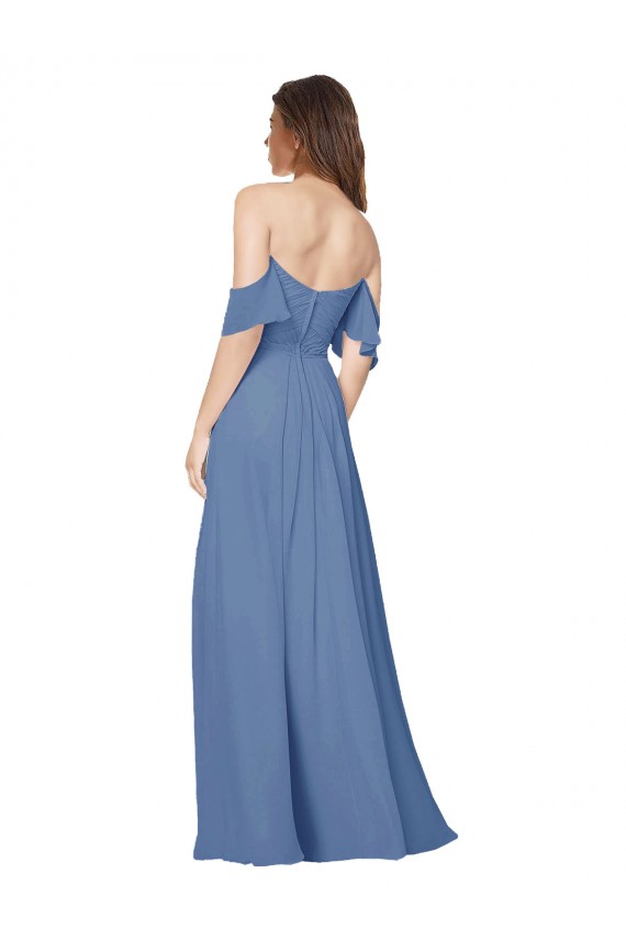Bleu Windsor Trapèze Épaule Dénudée Sans bretelle Mousseline Longue Robes demoiselle d'honneur à Vendre