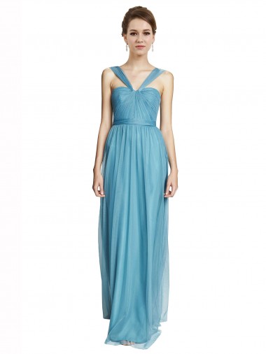 Bleu ciel Trapèze Bretelles spaghetti Col V Tulle Longue Robes demoiselle d'honneur à Vendre