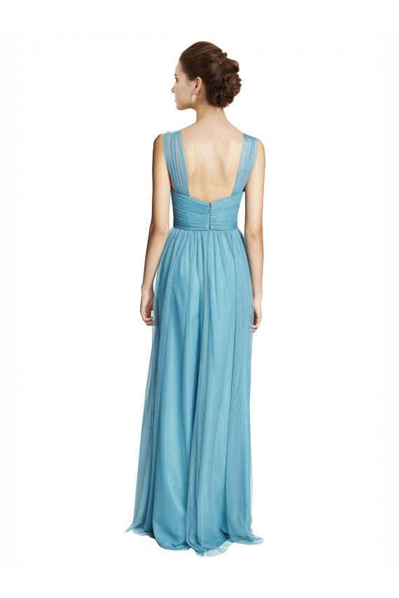 Bleu ciel Trapèze Bretelles spaghetti Col V Tulle Longue Robes demoiselle d'honneur à Vendre