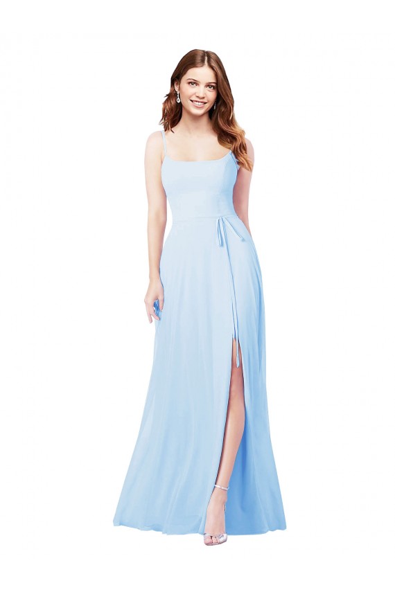 Bleu ciel clair Fourreau Bretelles spaghetti Col Carré Mousseline Longue Robes demoiselle d'honneur à Vendre