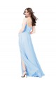 Bleu ciel clair Fourreau Bretelles spaghetti Col Carré Mousseline Longue Robes demoiselle d'honneur à Vendre