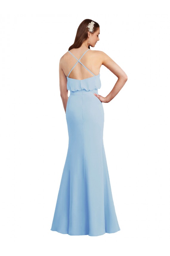 Bleu ciel clair Sirène Bretelles spaghetti Col V Mousseline Longue Robes demoiselle d'honneur à Vendre