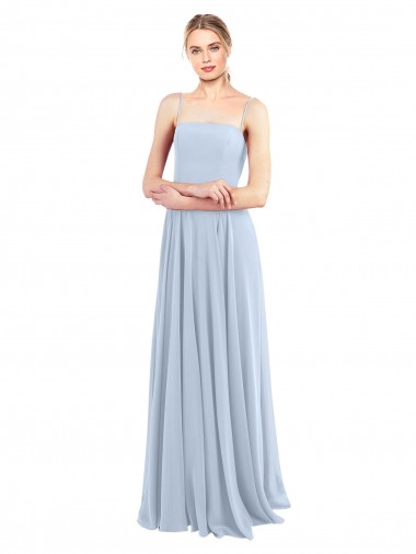 Bleu ciel clair Trapèze Bretelles spaghetti Col Carré Mousseline Longue Robes demoiselle d'honneur à Vendre