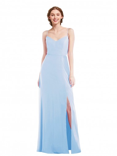 Bleu ciel clair Trapèze Bretelles spaghetti Col V Mousseline Longue Formelles Robes demoiselle d'honneur / Robes de soirée à Vendre