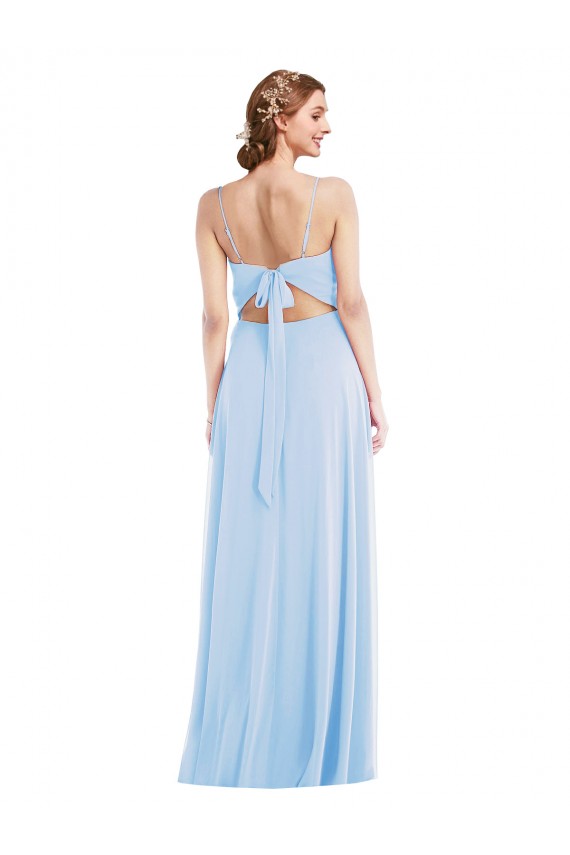 Bleu ciel clair Trapèze Bretelles spaghetti Col V Mousseline Longue Formelles Robes demoiselle d'honneur / Robes de soirée à Vendre