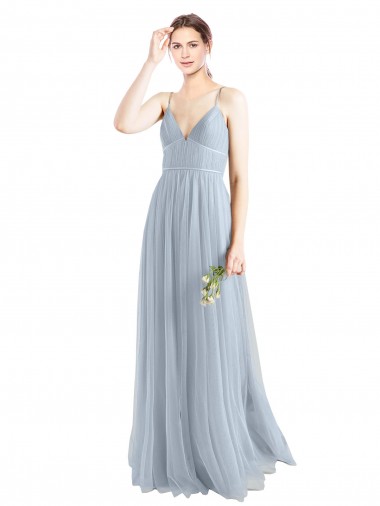 Bleu ciel clair Trapèze Bretelles spaghetti Col V Tulle Longue Robes demoiselle d'honneur à Vendre