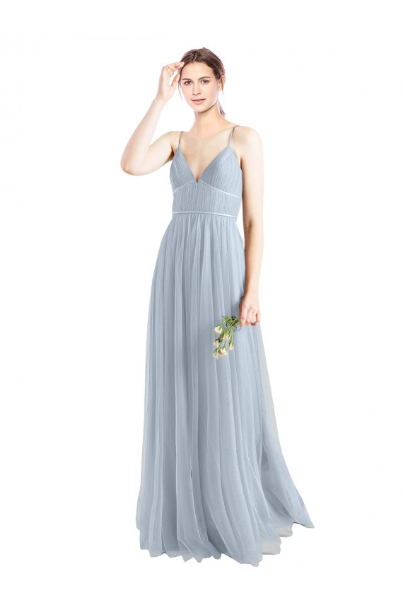 Bleu ciel clair Trapèze Bretelles spaghetti Col V Tulle Longue Robes demoiselle d'honneur à Vendre