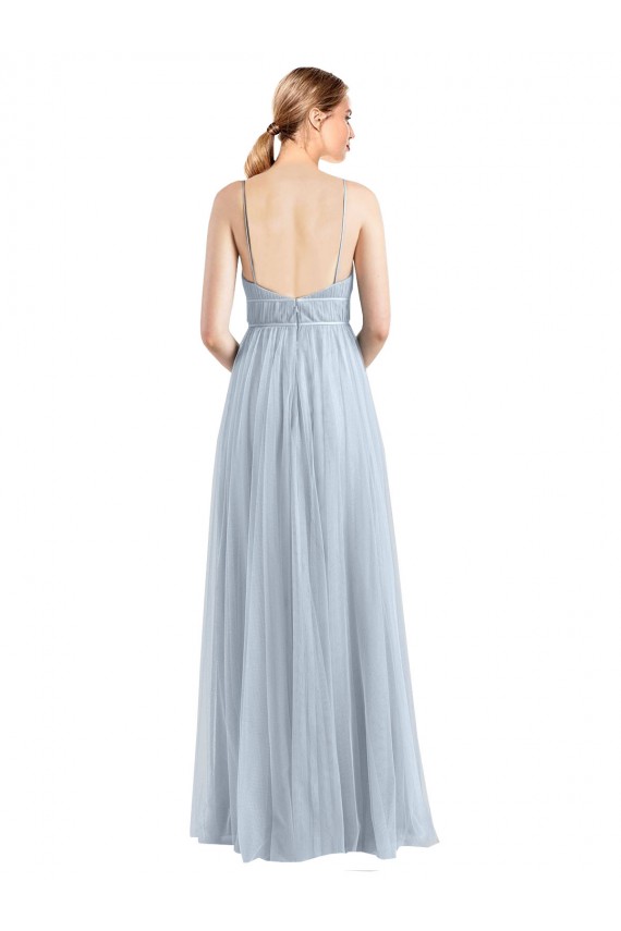 Bleu ciel clair Trapèze Bretelles spaghetti Col V Tulle Longue Robes demoiselle d'honneur à Vendre