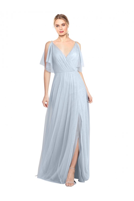 Bleu ciel clair Trapèze Bretelles spaghetti Col V Tulle Longue Robes demoiselle d'honneur à Vendre