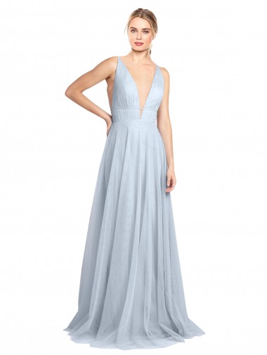 Bleu ciel clair Trapèze Bretelles spaghetti Col V Tulle Longue Robes demoiselle d'honneur à Vendre