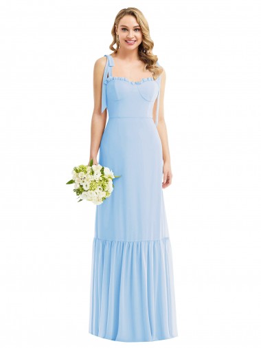 Bleu ciel clair Trapèze Bretelles spaghetti Mousseline Longue Robes demoiselle d'honneur à Vendre