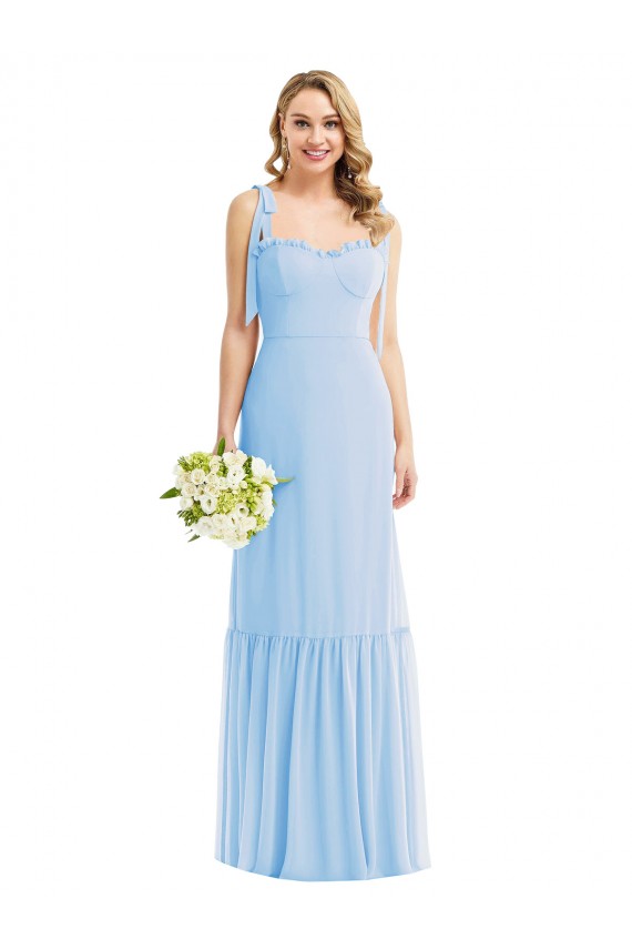 Bleu ciel clair Trapèze Bretelles spaghetti Mousseline Longue Robes demoiselle d'honneur à Vendre