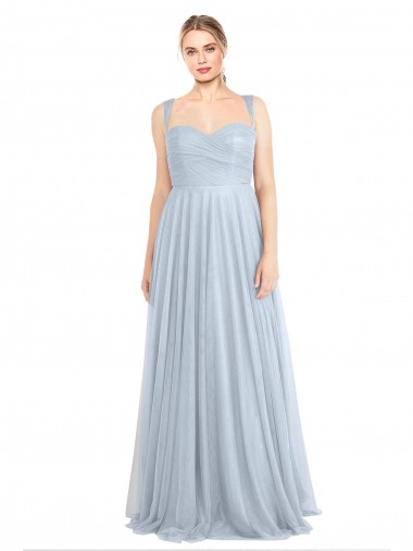 Bleu ciel clair Trapèze Bretelles spaghetti Tulle Longue Robes demoiselle d'honneur à Vendre