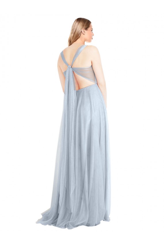 Bleu ciel clair Trapèze Bretelles spaghetti Tulle Longue Robes demoiselle d'honneur à Vendre