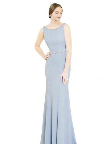 Bleu ciel clair Trapèze Col Bateau Col Haut Mousseline Longue Robes demoiselle d'honneur à Vendre