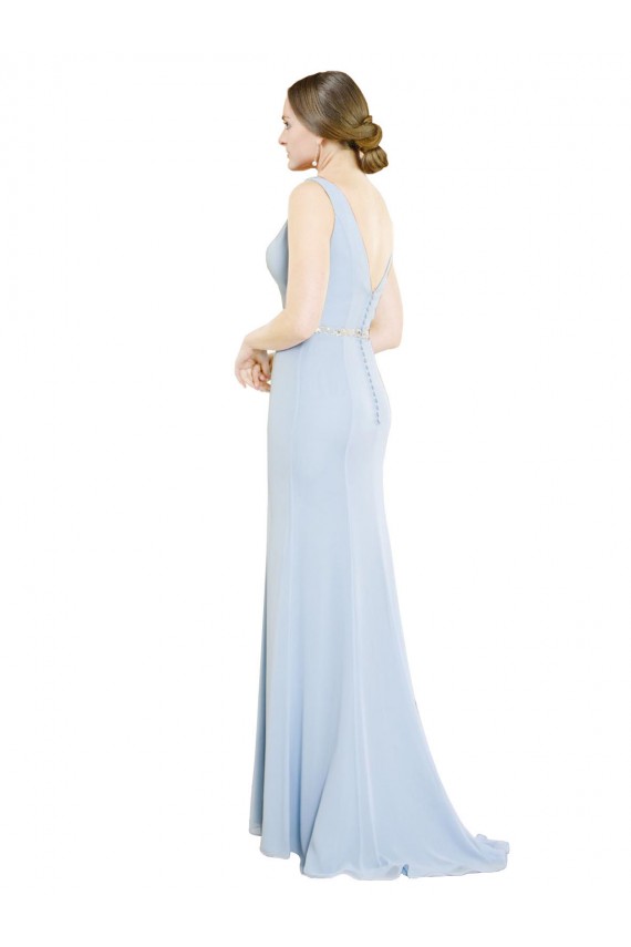 Bleu ciel clair Trapèze Col Bateau Col Haut Mousseline Longue Robes demoiselle d'honneur à Vendre