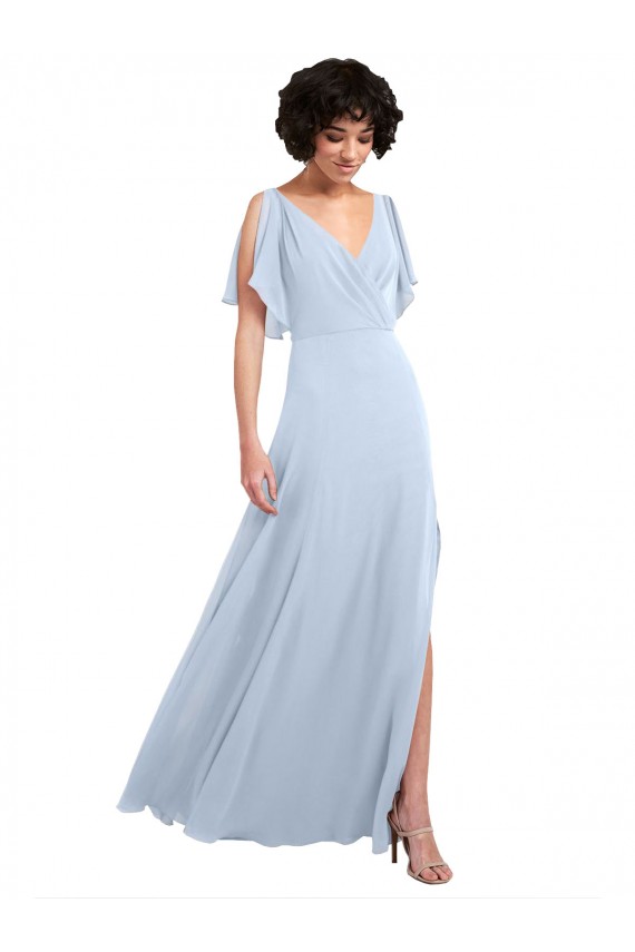 Bleu ciel clair Trapèze Col V Mousseline Longue Robes demoiselle d'honneur à Vendre