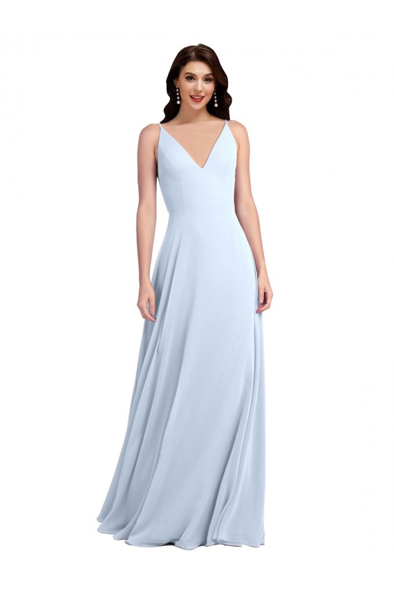 Bleu ciel clair Trapèze Col V Mousseline Longue Robes demoiselle d'honneur à Vendre